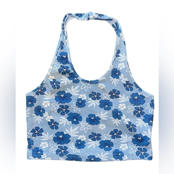 SET of 2 Floral Print Rib Knit Halter Crop Top Blue Pink Hibiscus Hawaii Summer - Picture 7 of 13
